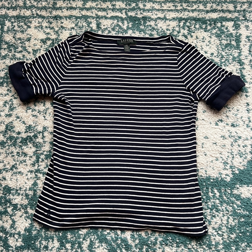 Lauren Ralph Lauren Navy & White Striped Short Sleeve Boatneck Top
